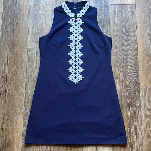 Lilly Pulitzer Callista Shift Dress High Collar True Navy L Coastal Preppy EUC! - Picture 2 of 9